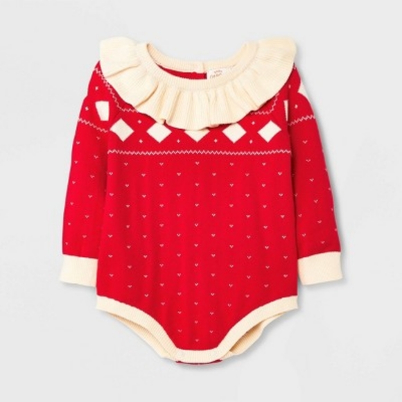 Baby Girls Fair Isle Sweater Romper Ruffled - Cat & Jack Red One Piece Bodysuit - Picture 10 of 10